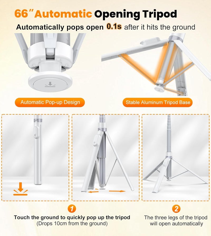 TONEOF 66" Automatic Phone Tripod with Magnetic Rechargable Remote,Selfie Stick 360° Vertical & Horizontal Rotatable,Stable for iPhone/Android(White) - Image 2